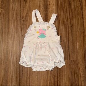 Vintage White Floral Print Baby Romper Overalls with Cat Patch